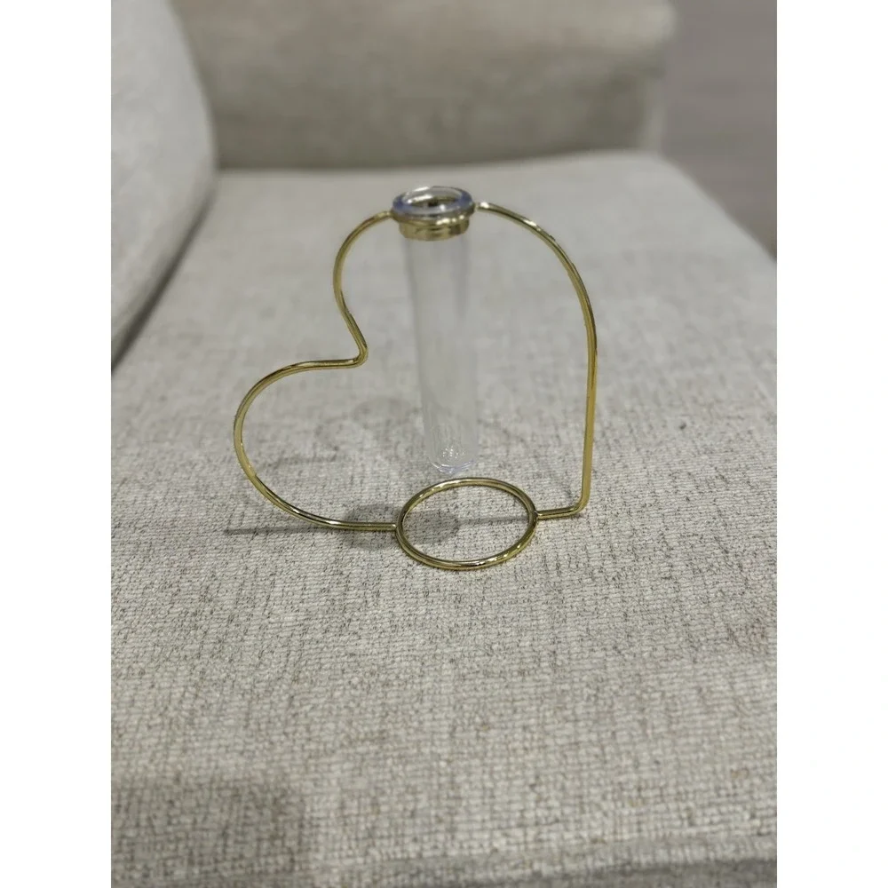 Heart Shaped Metal Bud Vase w Glass‎ Test Tube Gold Tone Minimalist Decor